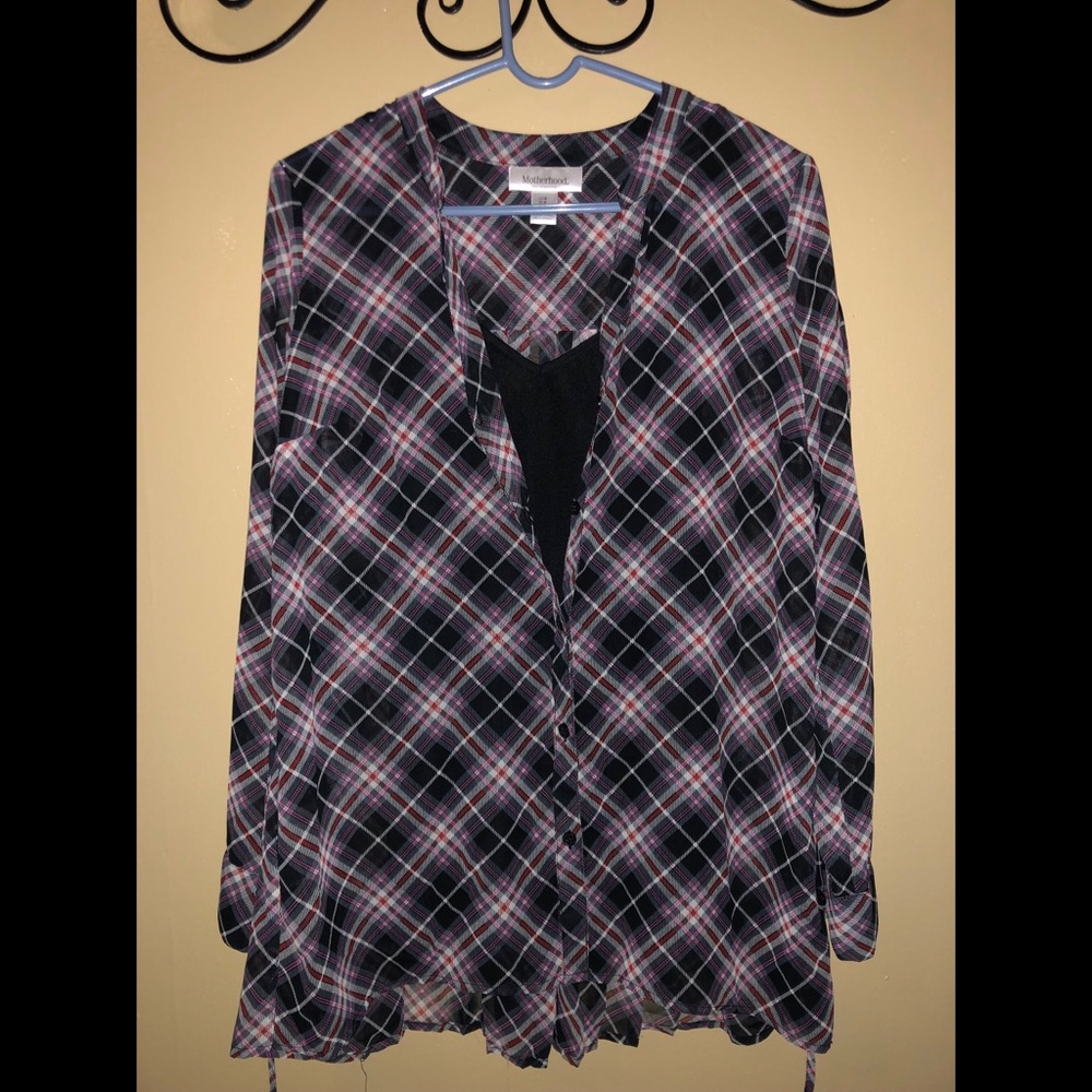 Maternity Sheer Plaid Button Up